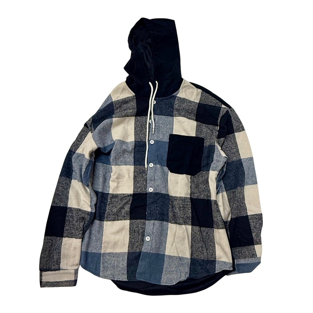MANFINITY Men's Plaid Flannel Hoodie Button Up Shirt Jacket XL Blue Cream Black‎